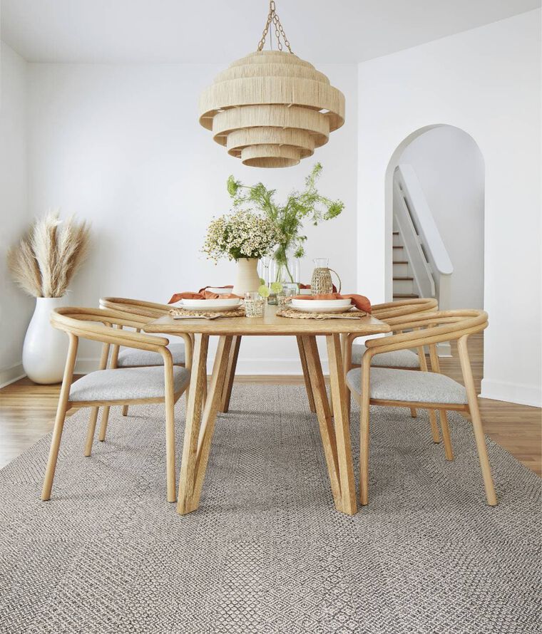 Dining room with NEW FLOR area rug Banter in Pearl/Fieldstone